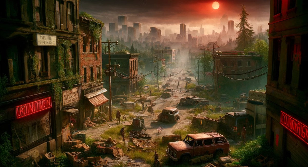 Apocalyptic cityscape depicting a zombie outbreak with deserted buildings, abandoned cars, and wandering zombies, under a menacing red sun