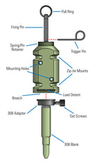 Diagram of FithOPs 12g Perimeter Trip Alarm and 308 Adapter with the 308 blank inserted. Labeled with parts - Thumbnail Image