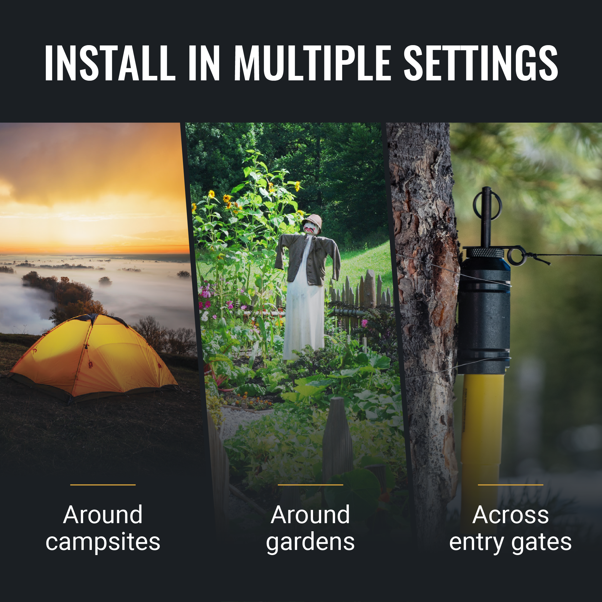 install Fith Ops 12g device in multiple settings, campsite, gardens, and across entry gates