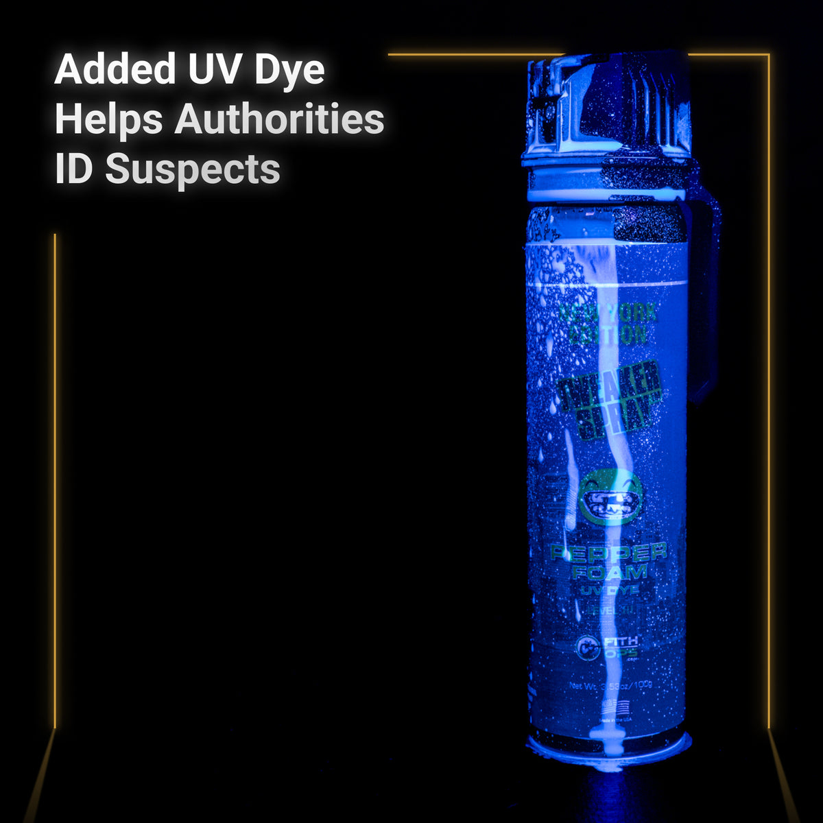 [New York Pepper Foam Tweaker Spray (3.53 oz) with UV Dye under black light to show uv dye capabilities.]]