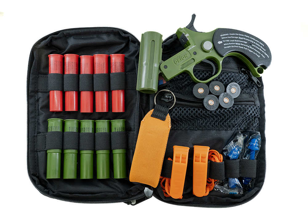 [Boat Down Kit: Orion Safety Launcher, Flares, Waterproof sight and sound shells, pest scares, whistles, ear plugs in an EDC bag.]]