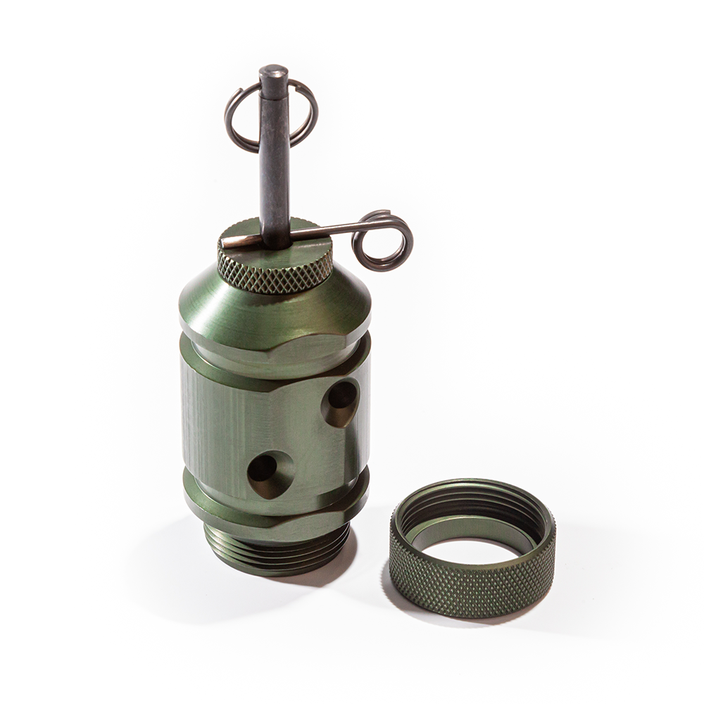 Gen4 2-in-1 Rescue Tool: Cylinder shaped with pin coming from the center with a safety pin holding it in place