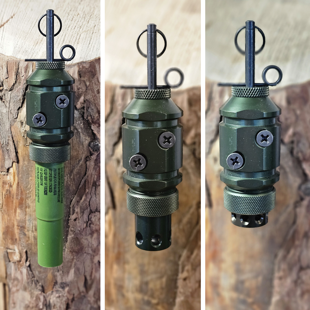 [Fith Ops Gen4 Perimeter Trip Alarm screwed to log three different times with different adapters- power laods, primers and 308]]