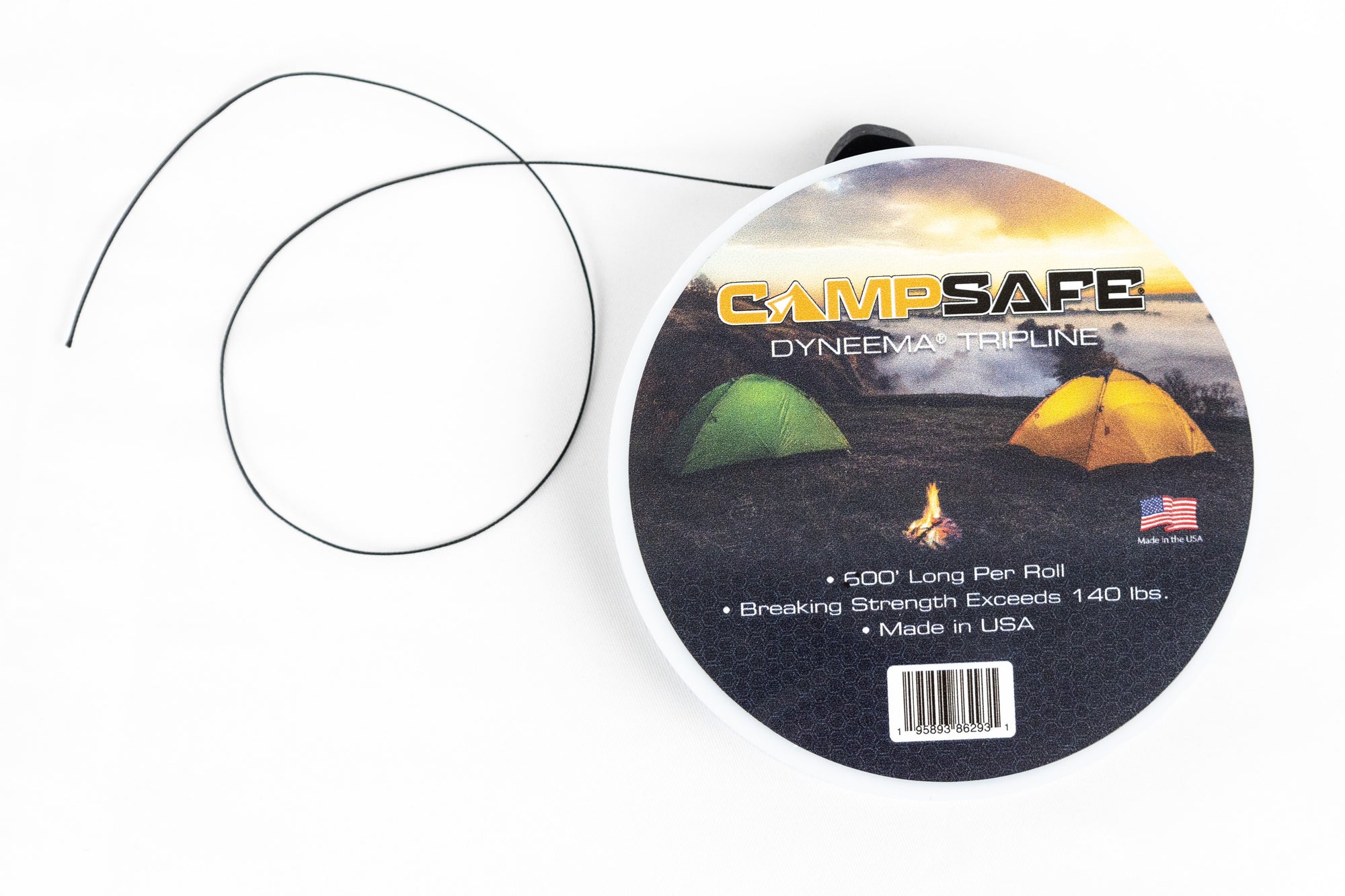 Round plastic spool holding 500' dyneema trip line with Camp Safe logo and two tents on package. Made in the USA | 500' long per roll | Breaking strength exceeds 140 lbs 