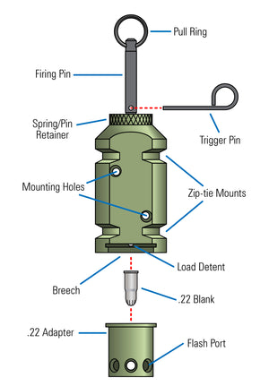 Diagram of FithOps 12g perimeter trip alarm and the .22 adapter. Shows the name of each part. - Thumbnail Image